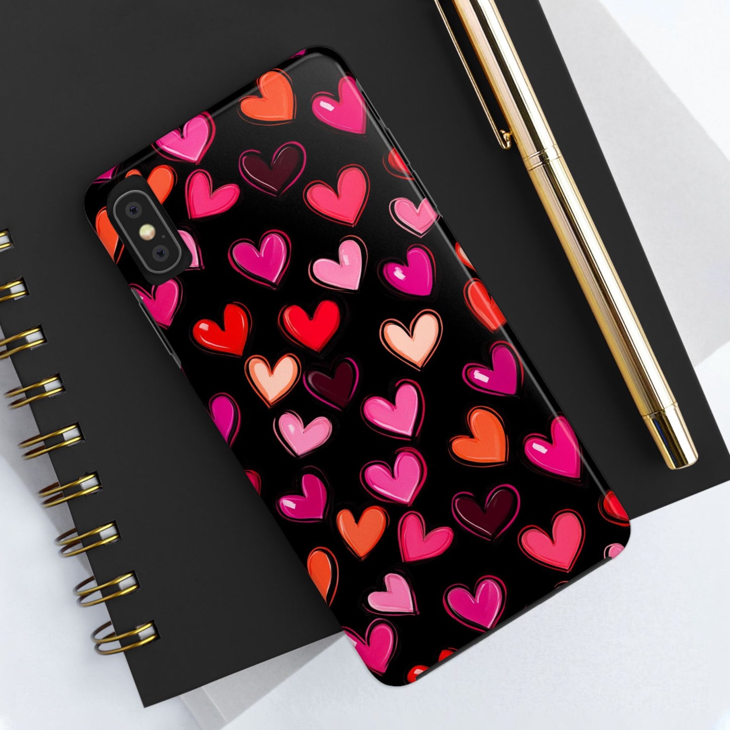 Love is in the Air | Colorful Hearts on Black Phone Case