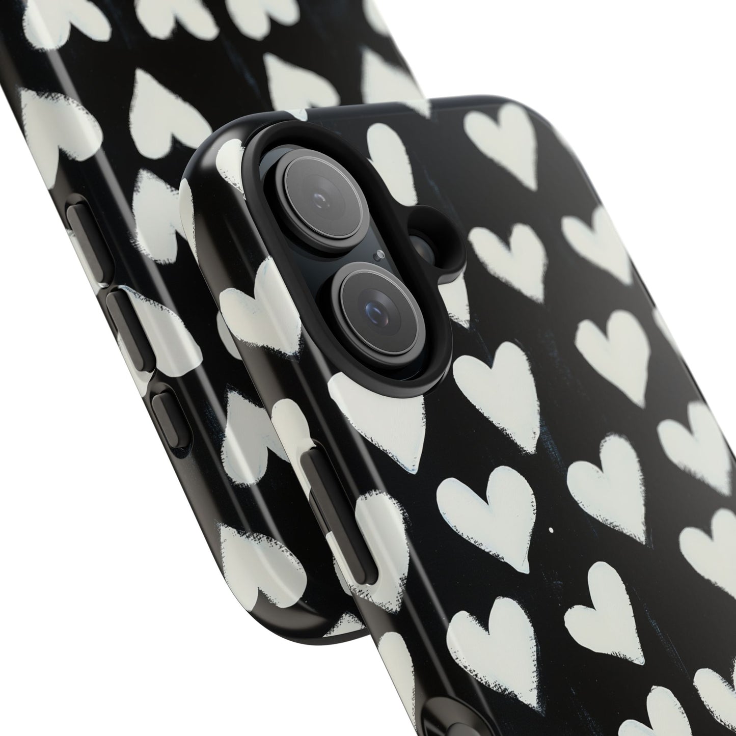 Love is in the Air | White Hearts on Black Phone Case
