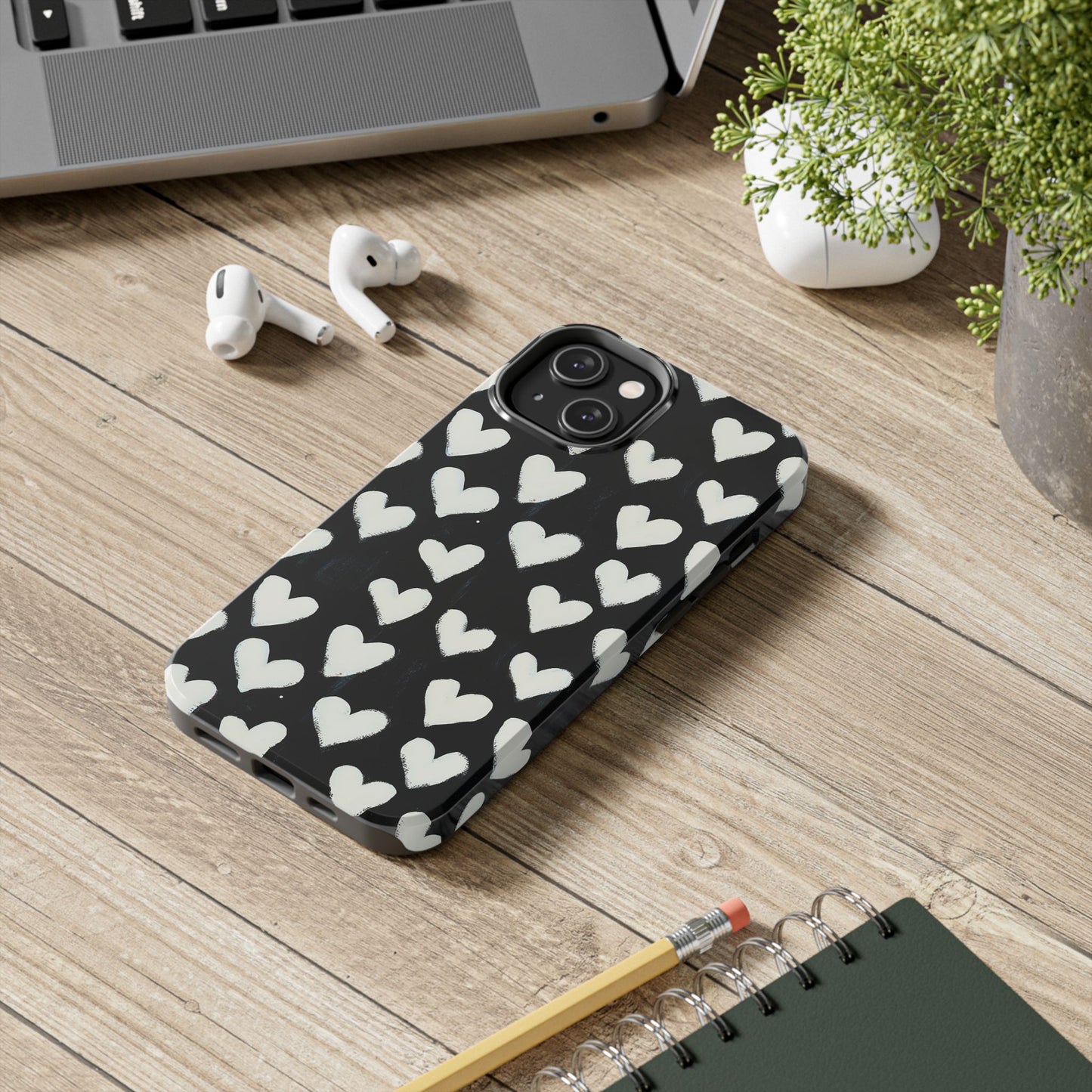 Love is in the Air | White Hearts on Black Phone Case
