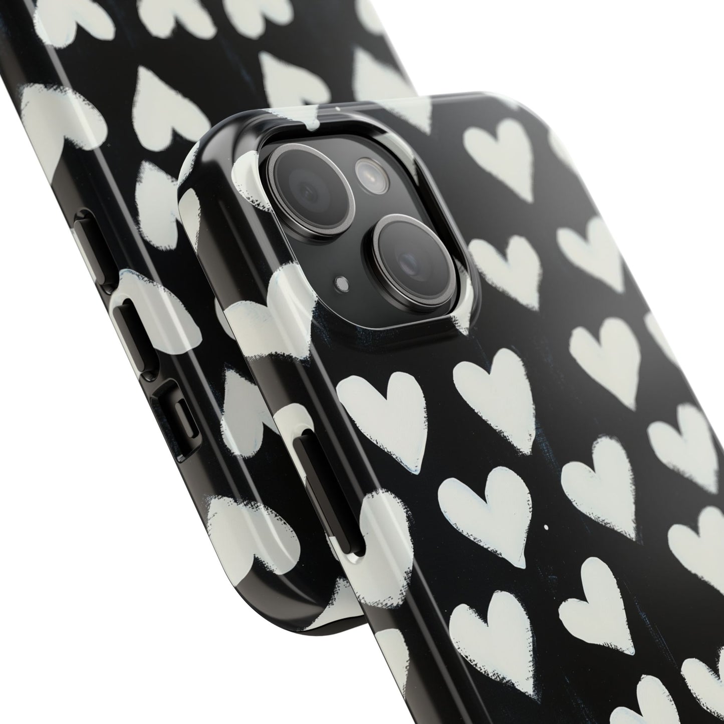 Love is in the Air | White Hearts on Black Phone Case