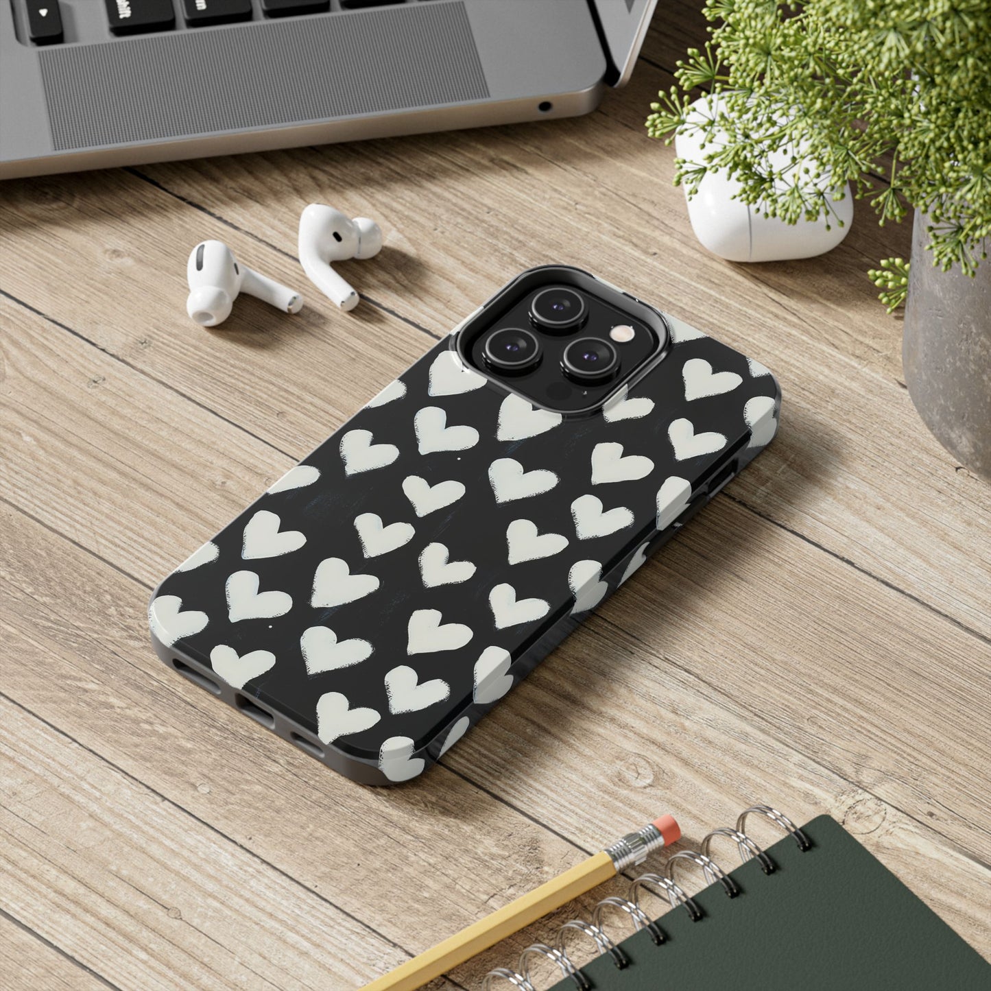 Love is in the Air | White Hearts on Black Phone Case