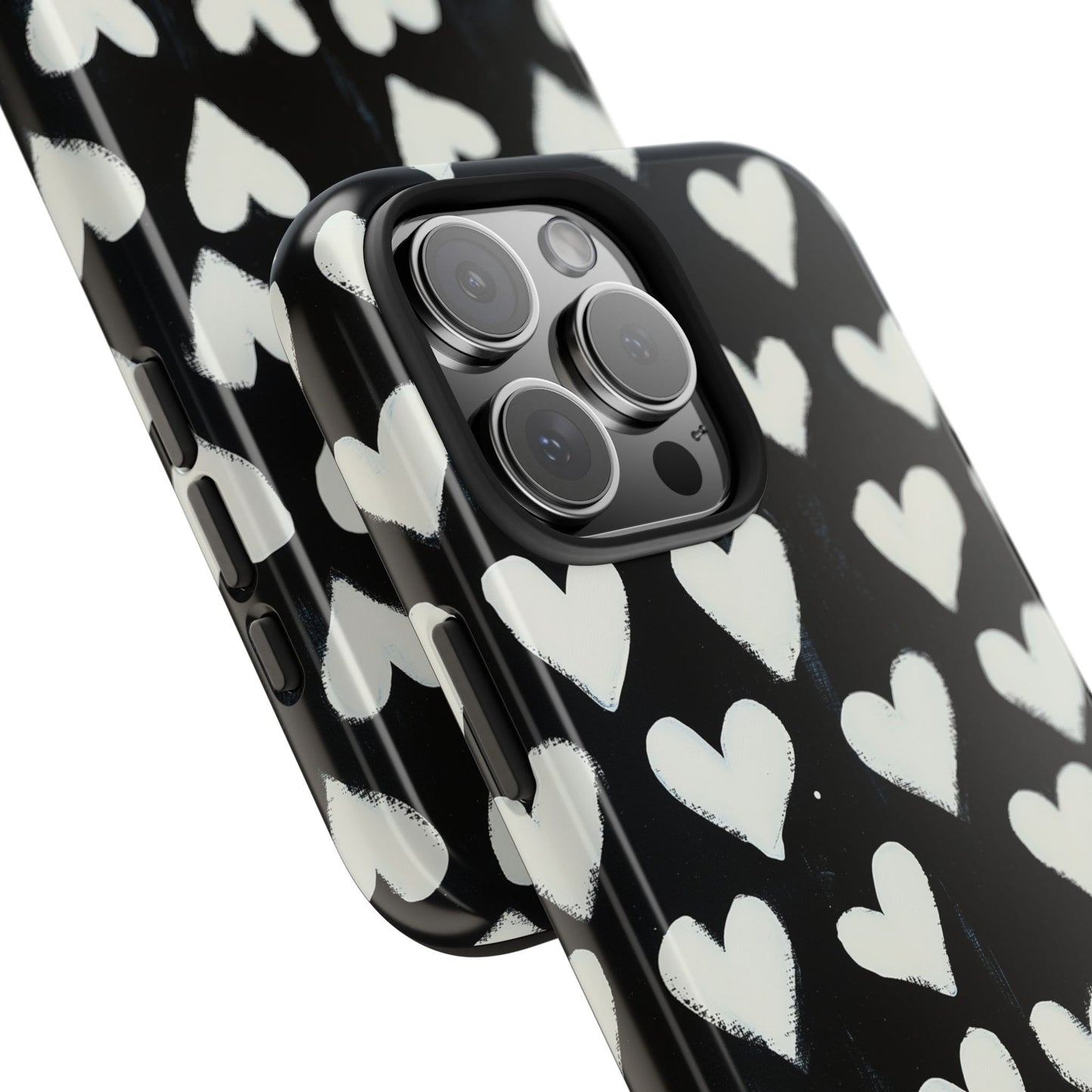 Love is in the Air | White Hearts on Black Phone Case