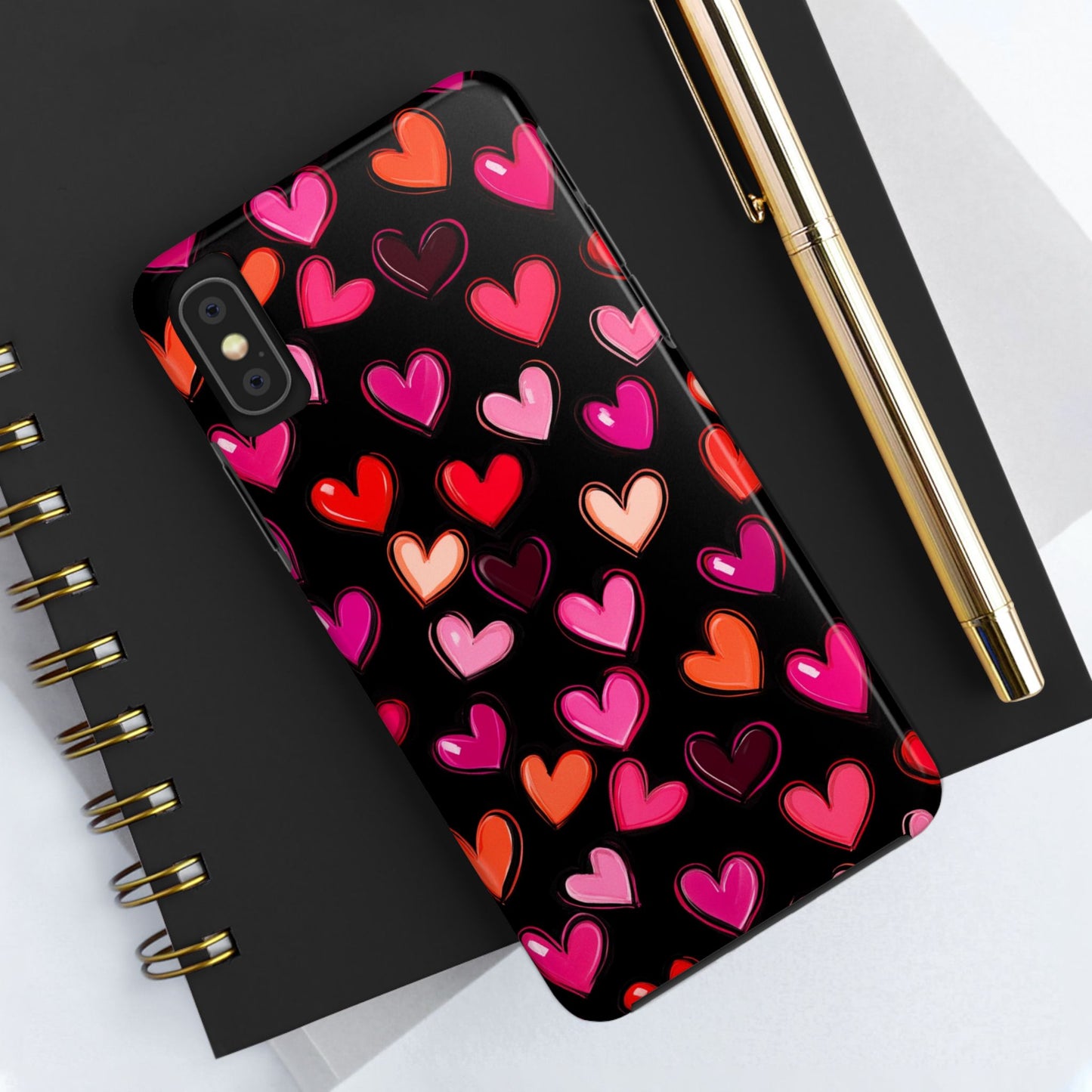 Love is in the Air | Colorful Hearts on Black Phone Case