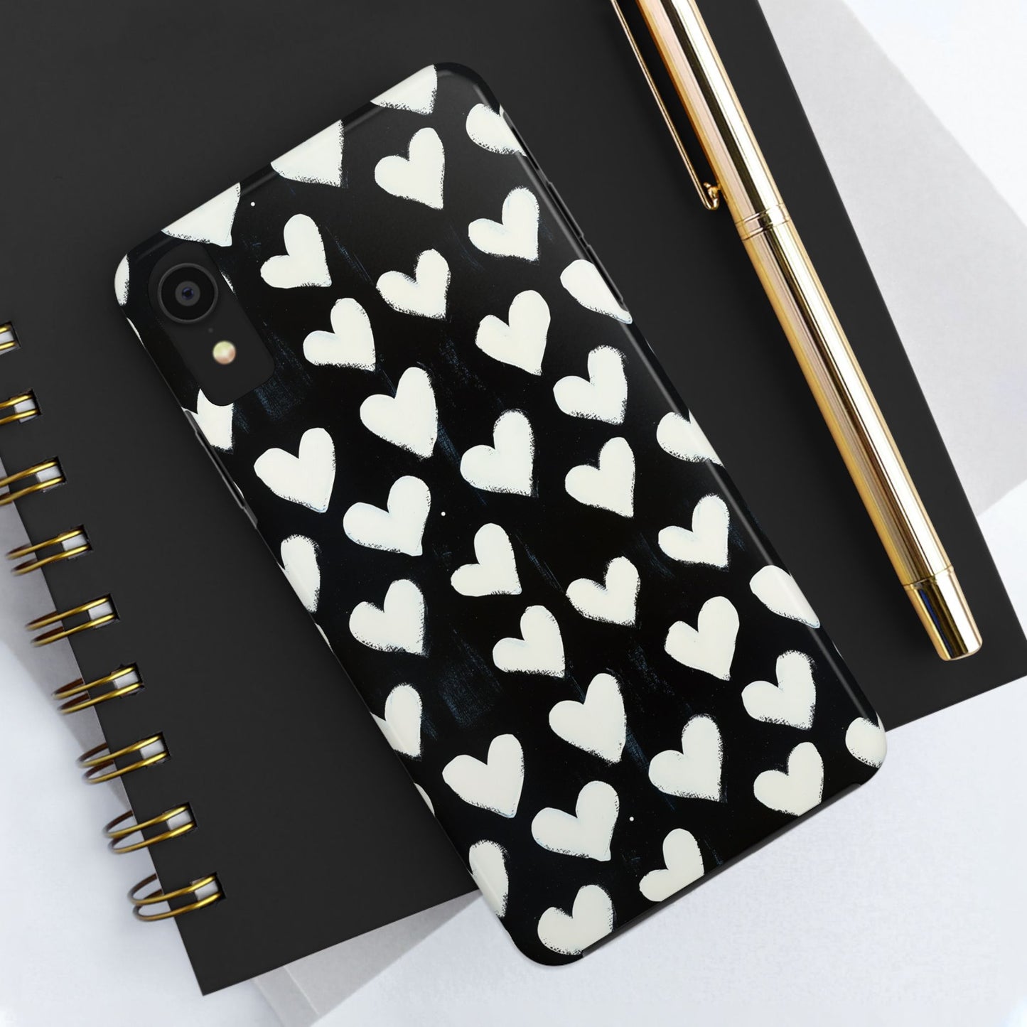 Love is in the Air | White Hearts on Black Phone Case