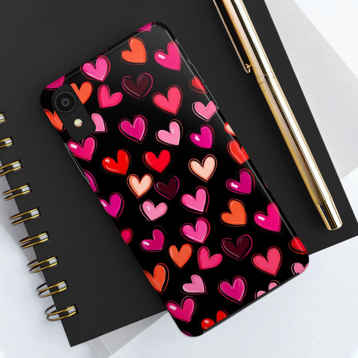Love is in the Air | Colorful Hearts on Black Phone Case