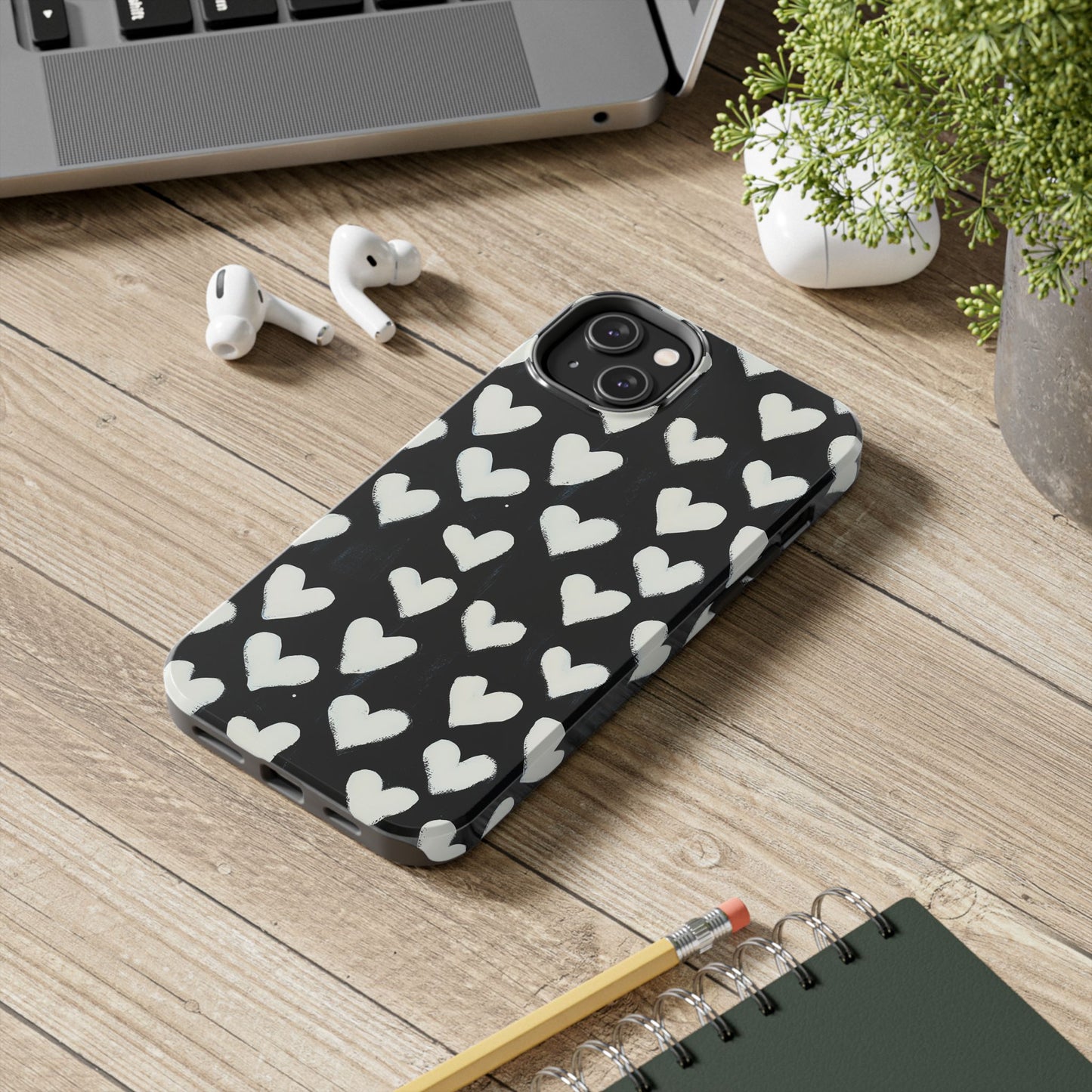 Love is in the Air | White Hearts on Black Phone Case