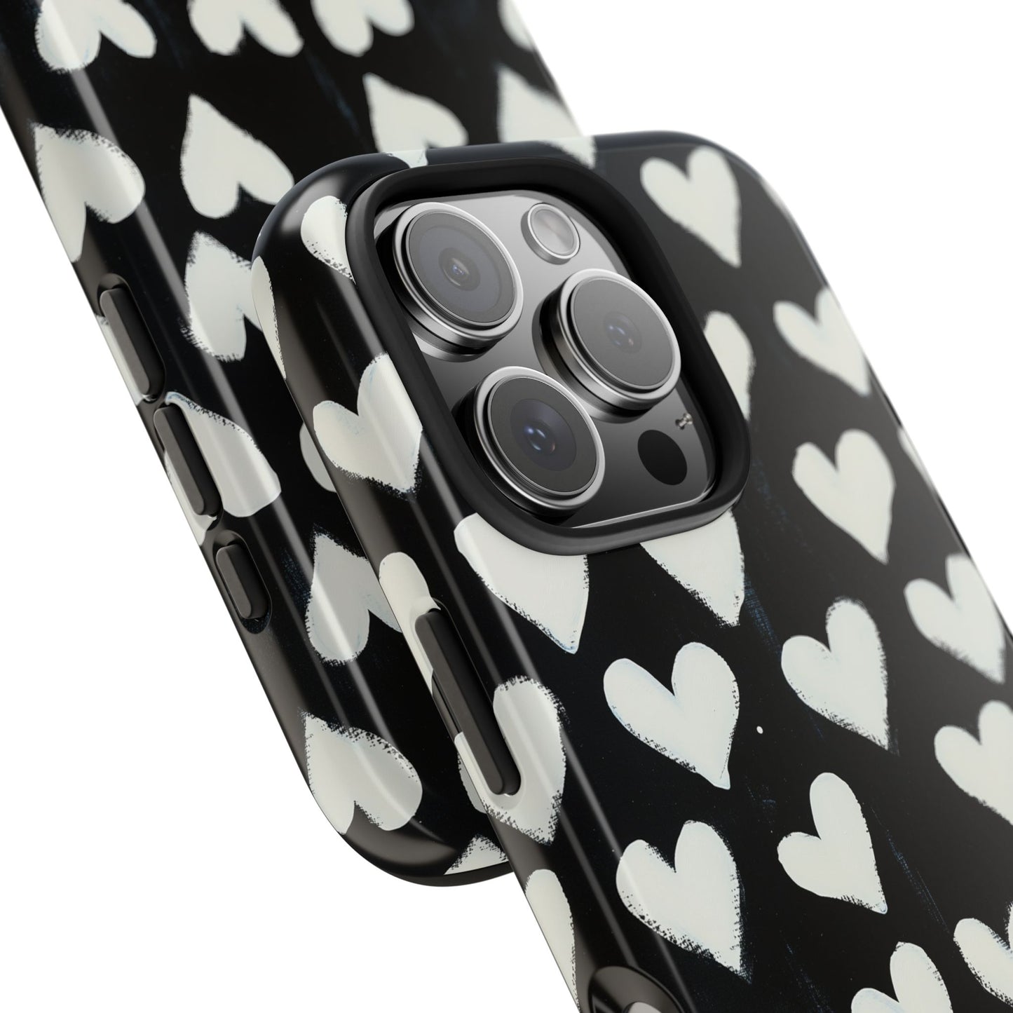 Love is in the Air | White Hearts on Black Phone Case