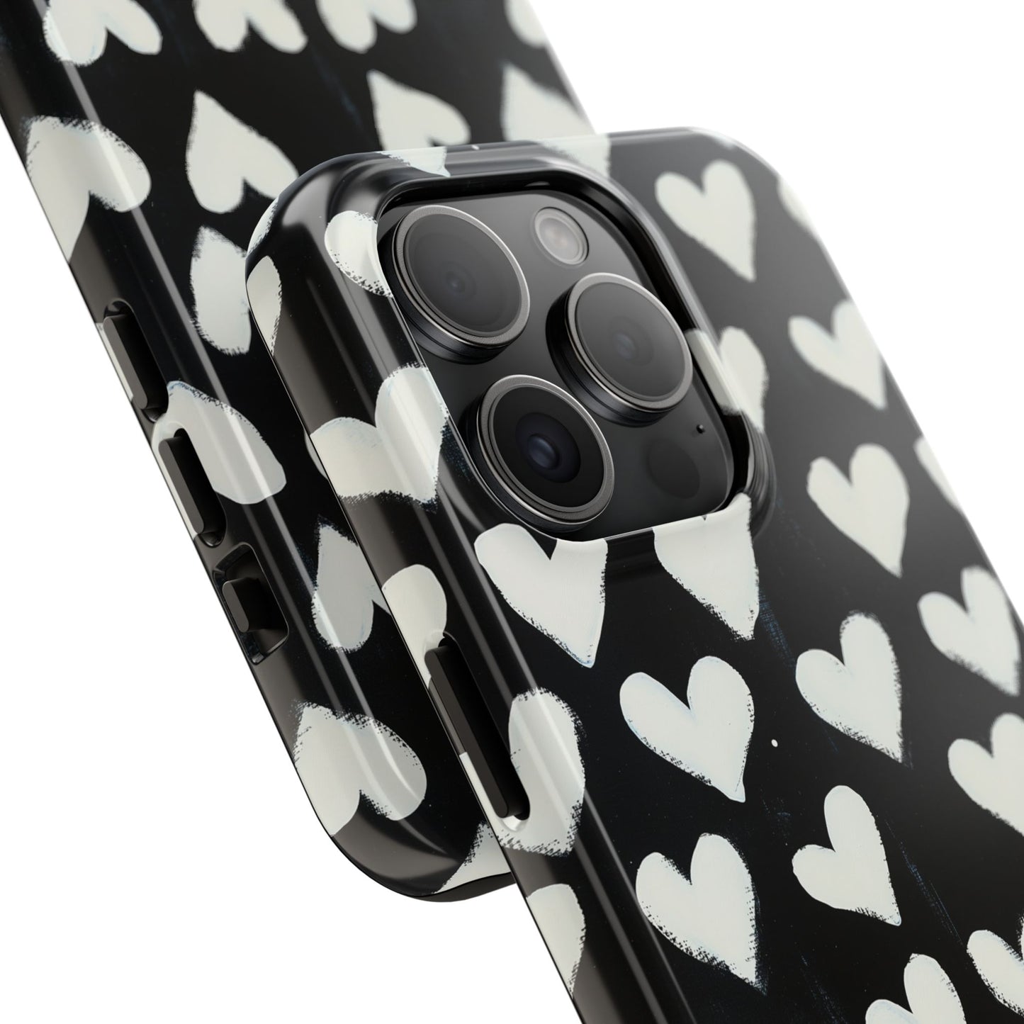 Love is in the Air | White Hearts on Black Phone Case